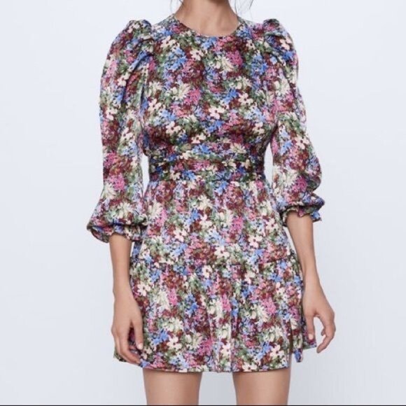 Zara Floral Puff Sleeve Mini Dress With Open Back Keyhole & Cinched Waist M - Picture 1 of 16